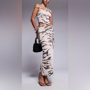 Mesh off-the-shoulder faux 2 piece maxi dress with twisted straps in zebra print